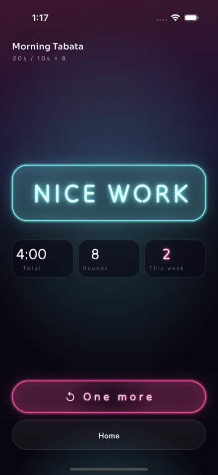 The finish screen: Nice work in neon, above a total of 4:00, 8 rounds and this week's count