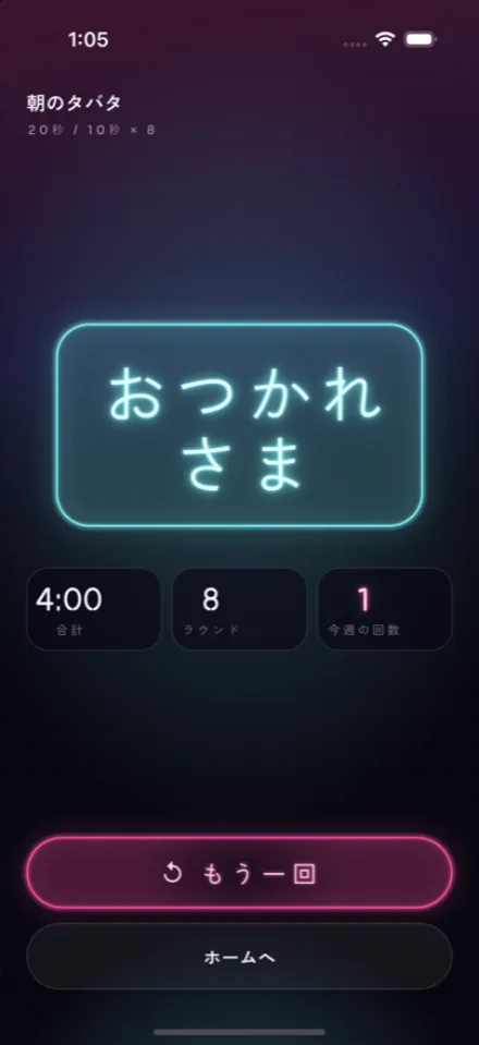 完了画面。「おつかれさま」のネオンの下に、合計 4:00・ラウンド 8・今週の回数 1 が並ぶ