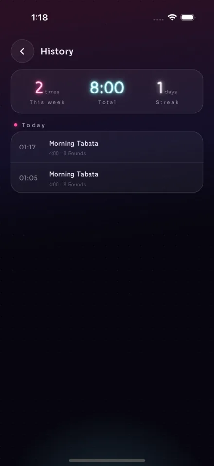 The History screen: this week, total time and streak, with today's sessions listed below