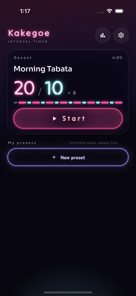 The Kakegoe home screen, with the last preset you ran, Morning Tabata, shown as a large 20 / 10 × 8 sign
